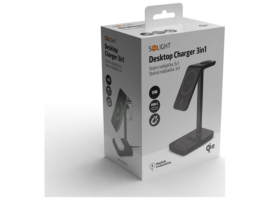 Solight stolní nabíječka 3v1, Qi2, MagSafe kompatibilní