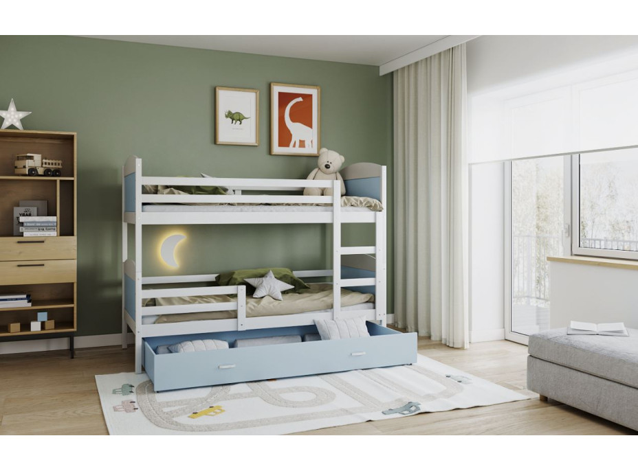 Dětská patrová postel se šuplíkem MATTEO - 160x80 cm - modro-bílá