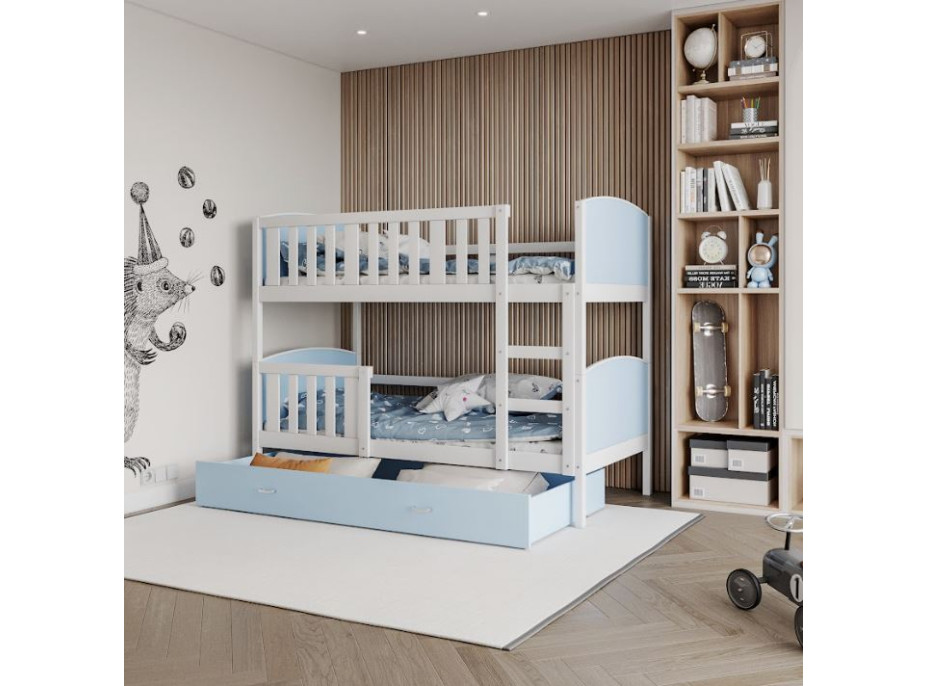 Dětská patrová postel se šuplíkem TAMI Q - 200x90 cm - modro-bílá