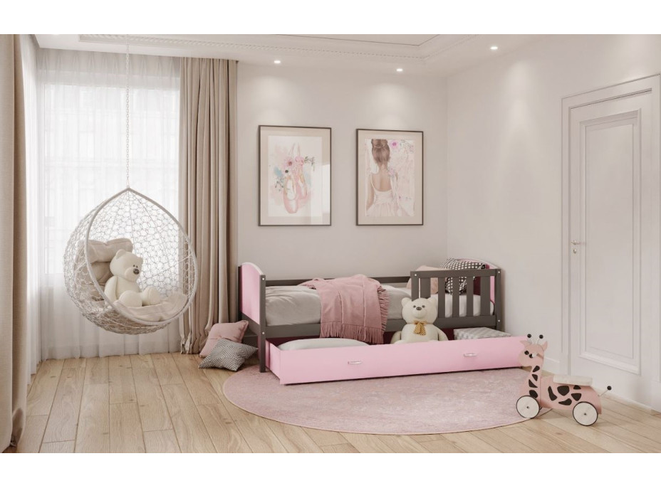 Dětská postel se šuplíkem TAMI R - 190x80 cm - růžovo-šedá