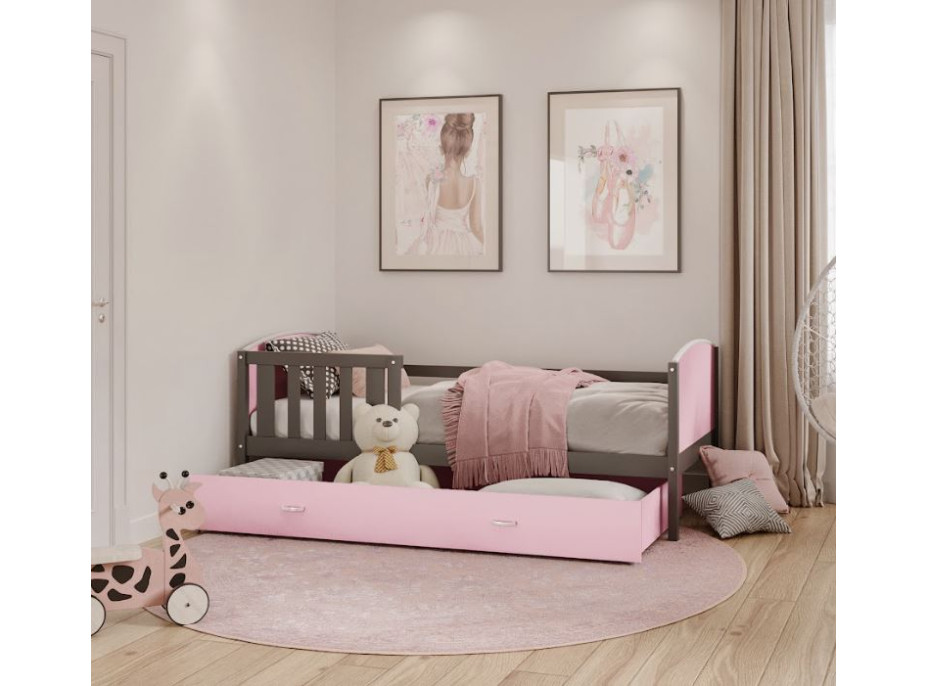 Dětská postel se šuplíkem TAMI R - 160x80 cm - růžovo-šedá