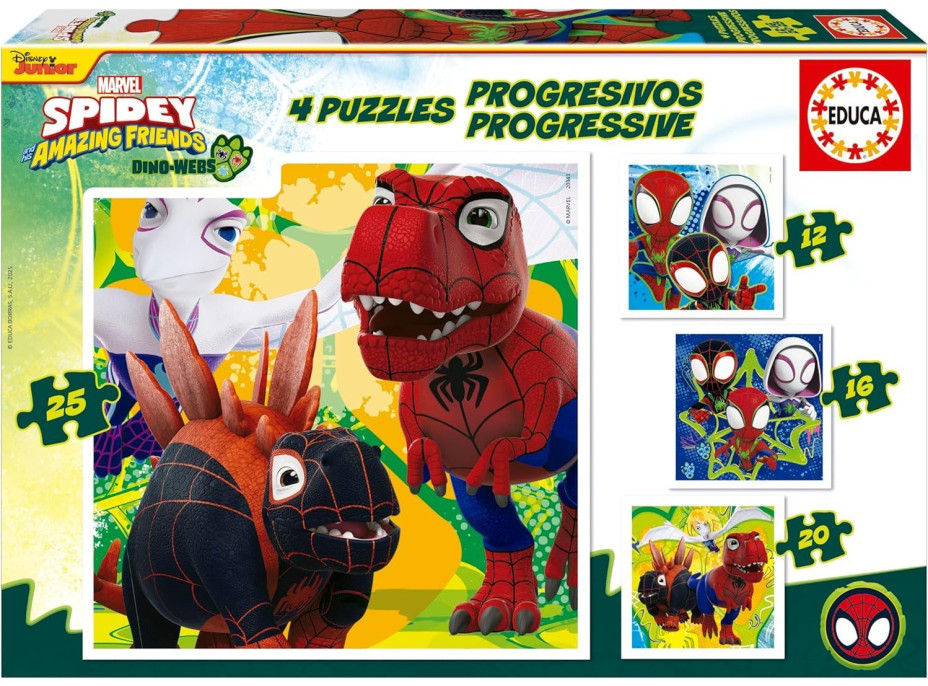 EDUCA Puzzle Spidey a jeho úžasní přátelé: Dino-web 4v1 (12,16,20,25 dílků)