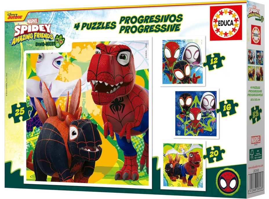EDUCA Puzzle Spidey a jeho úžasní přátelé: Dino-web 4v1 (12,16,20,25 dílků)