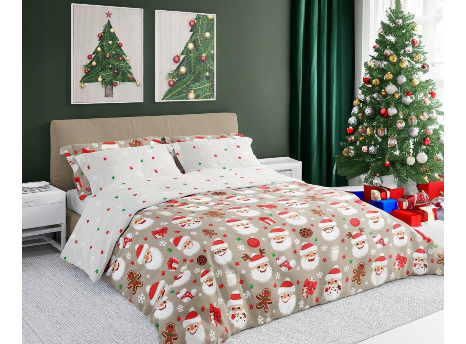 Ložní povlečení z mikrovlákna HOLLY JOLLY Santa Claus - bílé/béžové - 160x200 cm