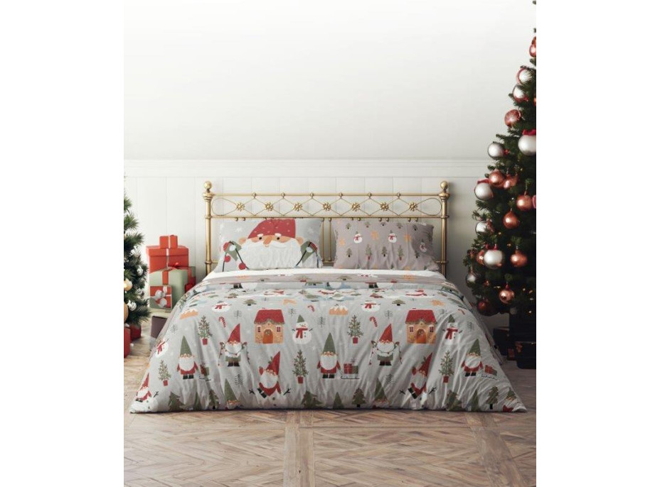 Ložní povlečení z mikrovlákna HOLLY JOLLY Skřítek a sněhulák - šedé/hnědé - 160x200 cm