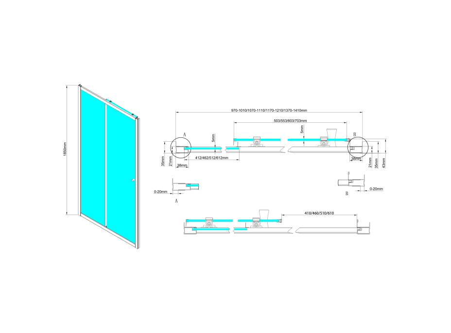 Aqualine UGGA posuvné sprchové dveře 1000 mm, sklo Brick, bílá AWS100