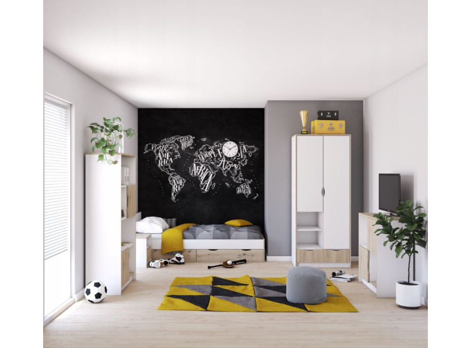 Postel se šuplíky JOY 200x90 cm - bílá/dub artisan