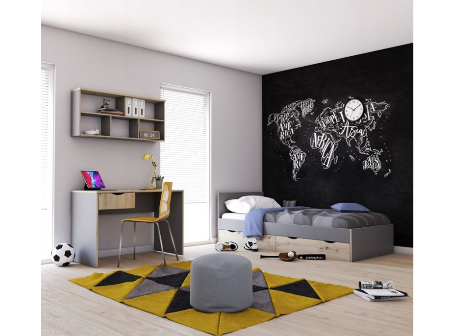 Postel se šuplíky JOY 200x90 cm - šedá/dub artisan