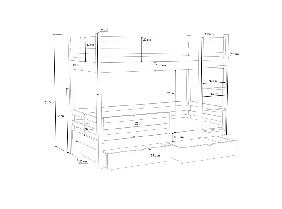 Dětská patrová postel z masivu borovice LEGEND PLUS se šuplíky - 200x90 cm - ŠEDÁ