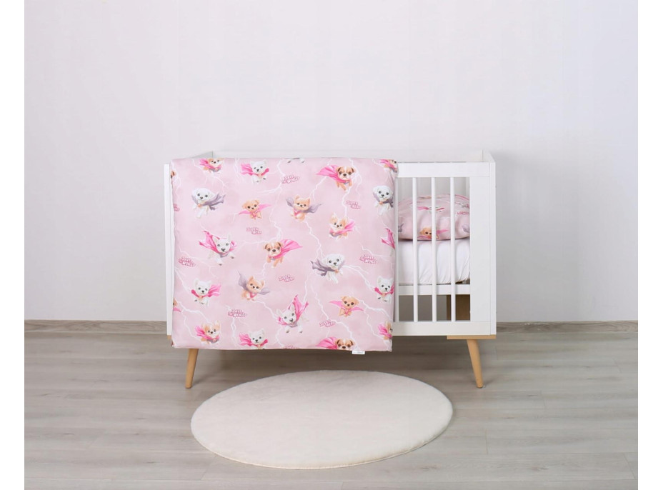 Dětské bavlněné povlečení do postýlky 120x90 cm BABYMAM PREMIUM - Super pejsci - růžové