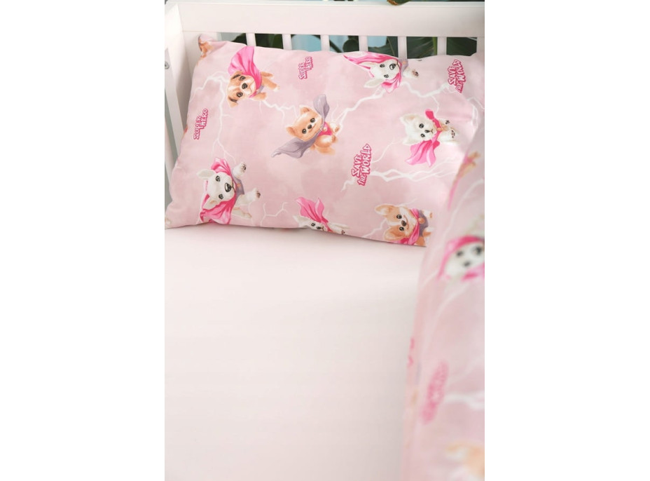Dětské bavlněné povlečení do postýlky 120x90 cm BABYMAM PREMIUM - Super pejsci - růžové
