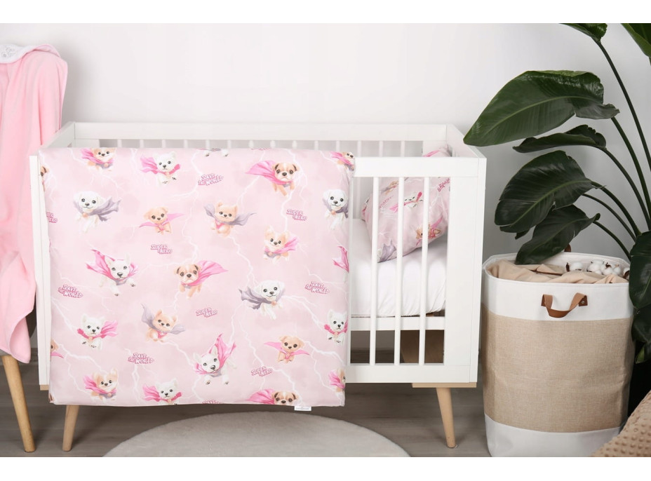 Dětské bavlněné povlečení do postýlky 120x90 cm BABYMAM PREMIUM - Super pejsci - růžové