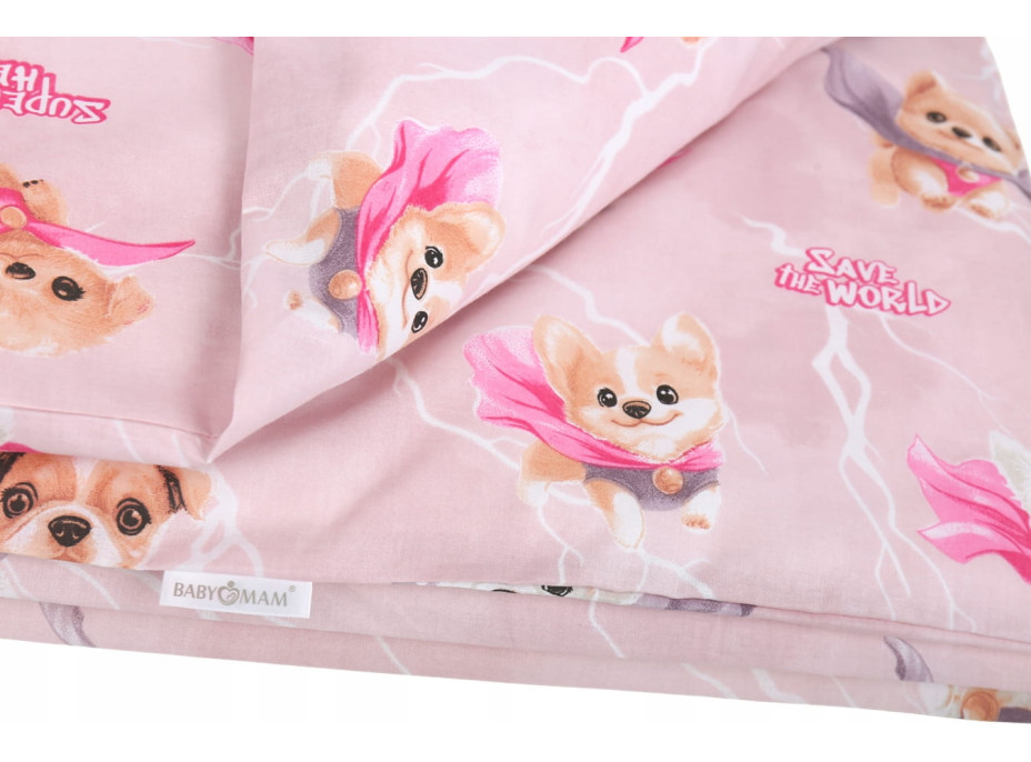 Dětské bavlněné povlečení do postýlky 120x90 cm BABYMAM PREMIUM - Super pejsci - růžové