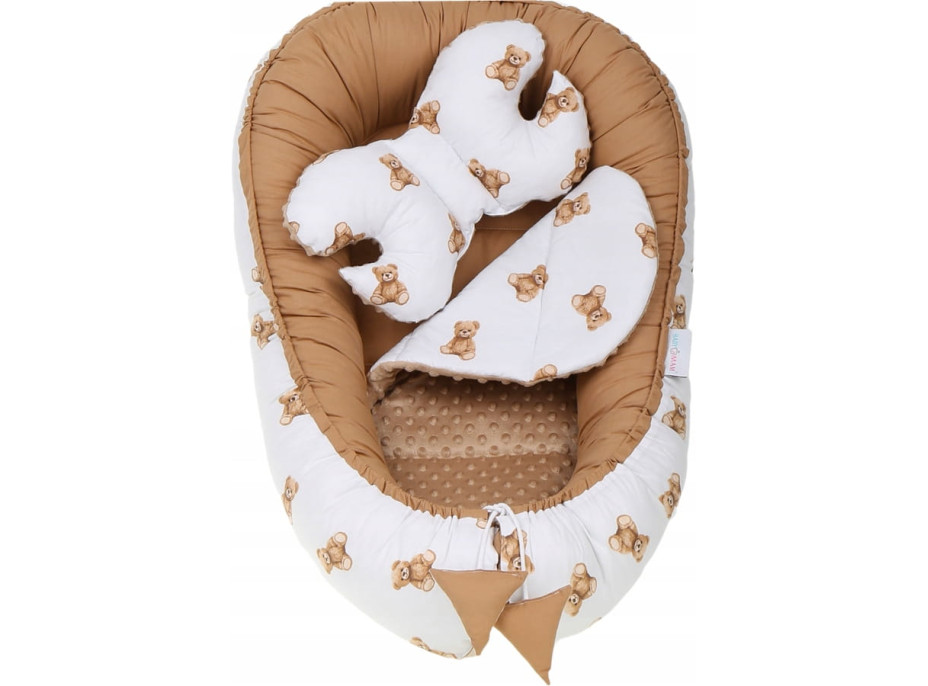 Oboustranné hnízdečko (kokon) pro miminko - BABYMAM PREMIUM set 7v1 - Medvídek Teddy s béžovou minky