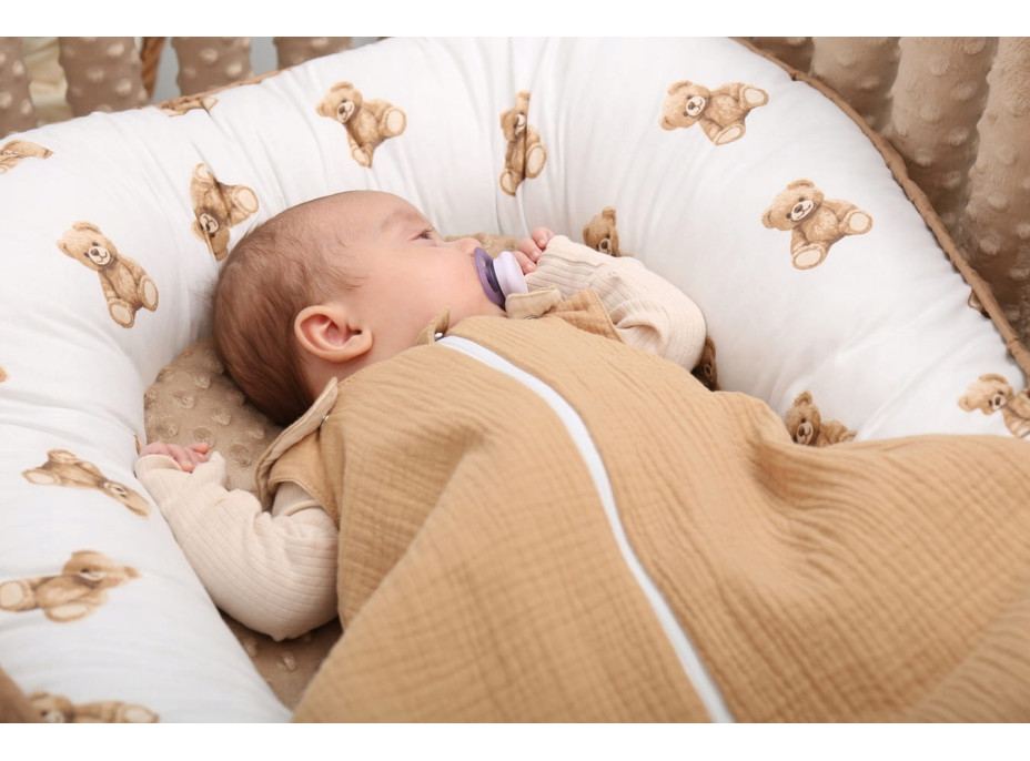 Oboustranné hnízdečko (kokon) pro miminko - BABYMAM PREMIUM set 7v1 - Medvídek Teddy s béžovou minky