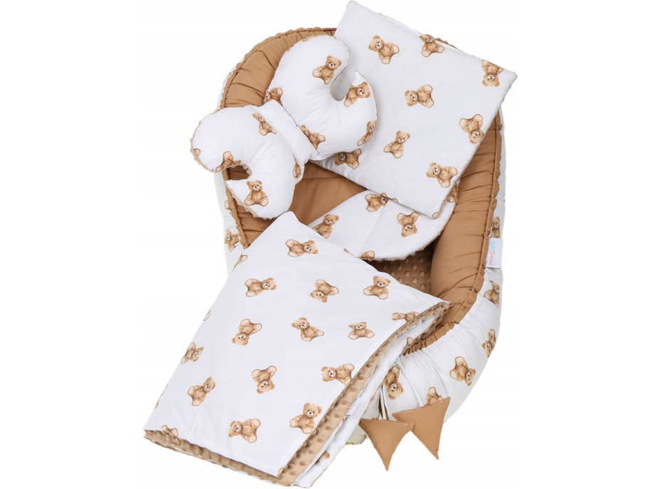 Oboustranné hnízdečko (kokon) pro miminko - BABYMAM PREMIUM set 7v1 - Medvídek Teddy s béžovou minky