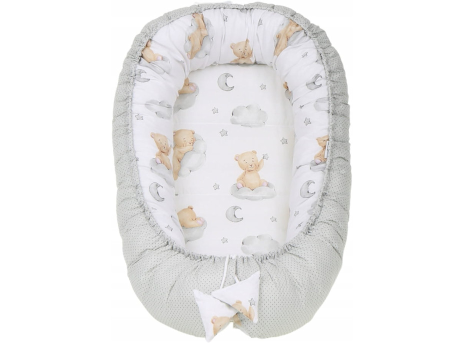 Oboustranné hnízdečko (kokon) pro miminko - BABYMAM PREMIUM set 7v1 - Medvídek v oblacích s béžovou minky