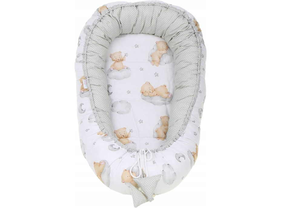 Oboustranné hnízdečko (kokon) pro miminko - BABYMAM PREMIUM set 7v1 - Medvídek v oblacích s béžovou minky
