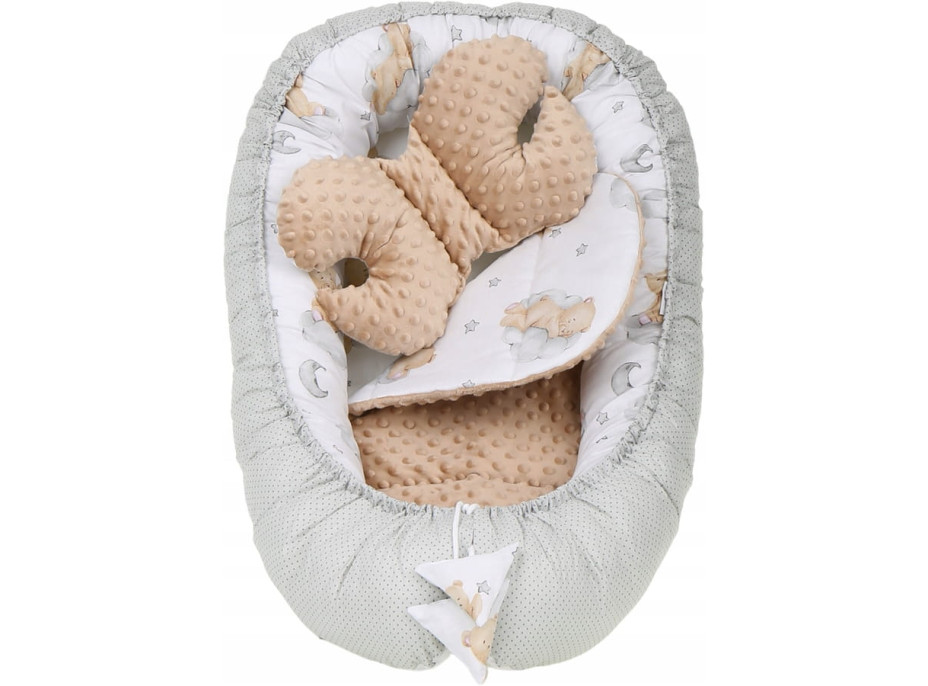 Oboustranné hnízdečko (kokon) pro miminko - BABYMAM PREMIUM set 7v1 - Medvídek v oblacích s béžovou minky