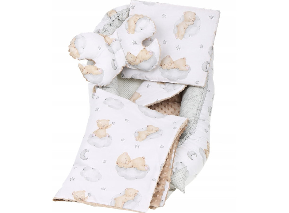 Oboustranné hnízdečko (kokon) pro miminko - BABYMAM PREMIUM set 7v1 - Medvídek v oblacích s béžovou minky