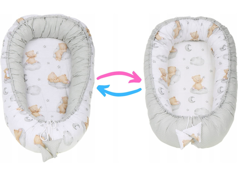 Oboustranné hnízdečko (kokon) pro miminko - BABYMAM PREMIUM set 7v1 - Medvídek v oblacích s béžovou minky