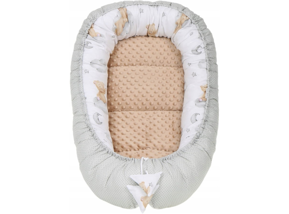 Oboustranné hnízdečko (kokon) pro miminko - BABYMAM PREMIUM set 7v1 - Medvídek v oblacích s béžovou minky