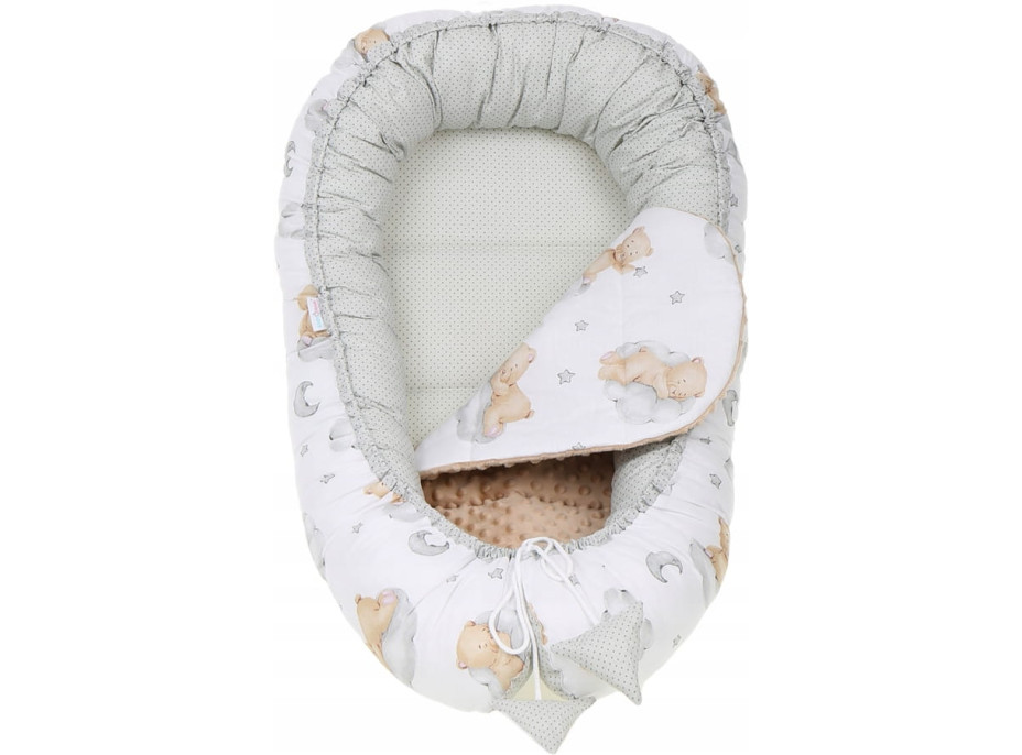Oboustranné hnízdečko (kokon) pro miminko - BABYMAM PREMIUM set 7v1 - Medvídek v oblacích s béžovou minky
