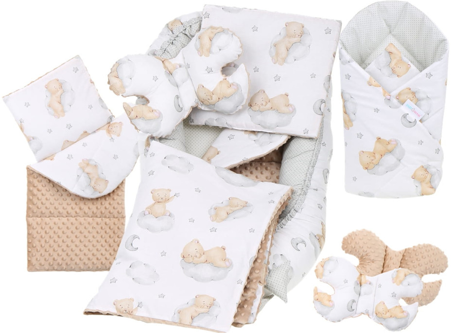 Oboustranné hnízdečko (kokon) pro miminko - BABYMAM PREMIUM set 7v1 - Medvídek v oblacích s béžovou minky