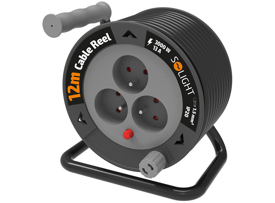 Solight prodlužovací přívod na bubnu 12m, 3 zásuvky, černý kabel, 3x 1,5mm2