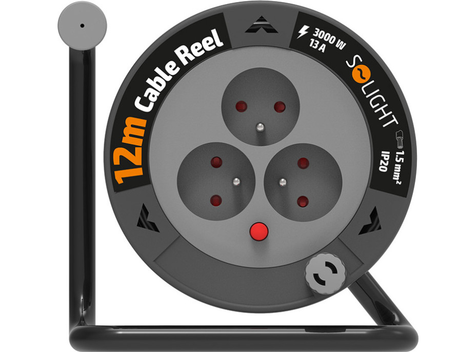 Solight prodlužovací přívod na bubnu 12m, 3 zásuvky, černý kabel, 3x 1,5mm2