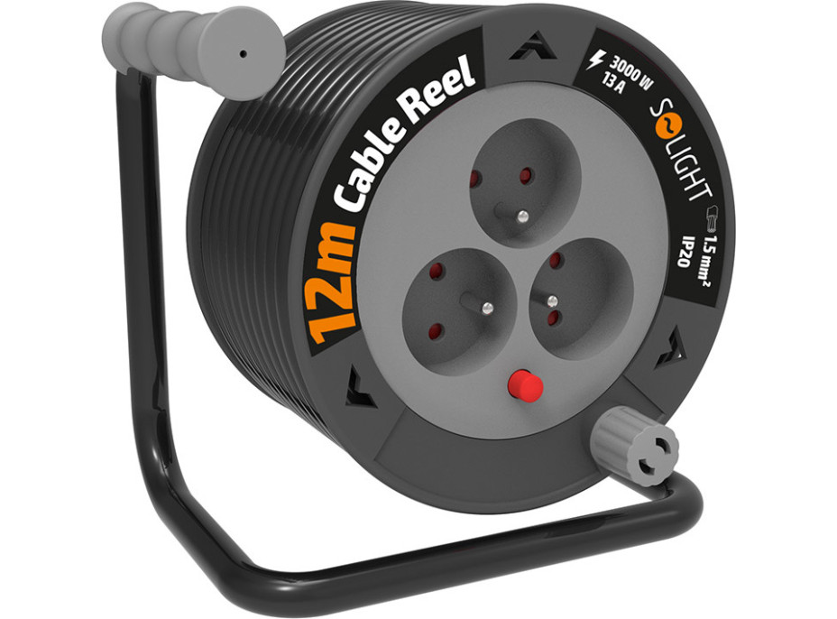 Solight prodlužovací přívod na bubnu 12m, 3 zásuvky, černý kabel, 3x 1,5mm2