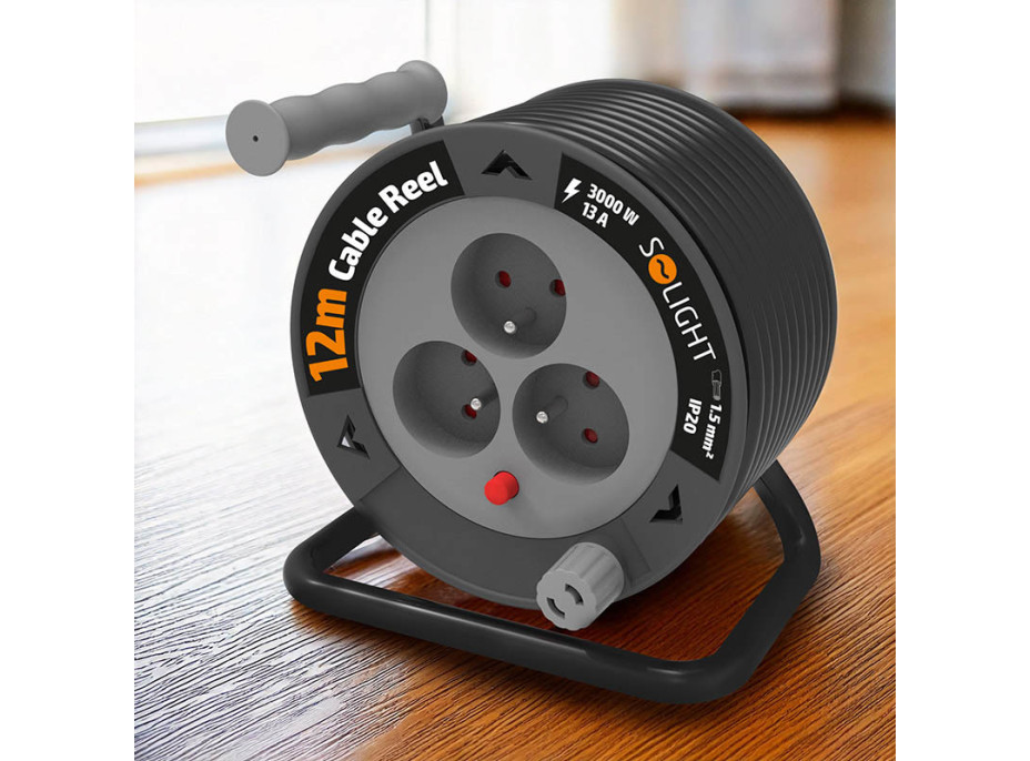 Solight prodlužovací přívod na bubnu 12m, 3 zásuvky, černý kabel, 3x 1,5mm2