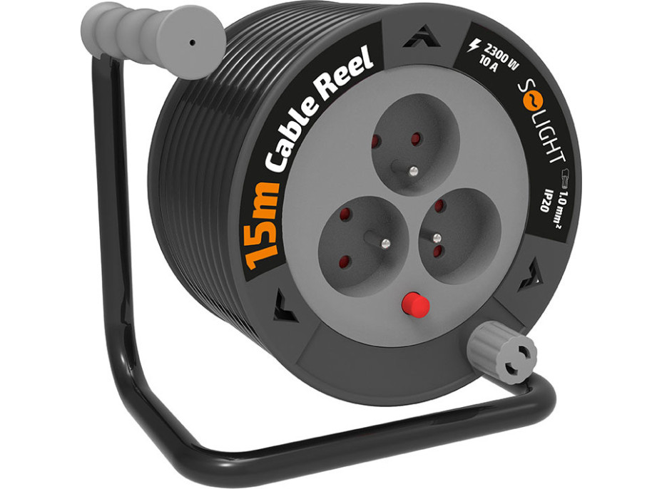 Solight prodlužovací přívod na bubnu 15m, 3 zásuvky, černý kabel, 3x 1,0mm2