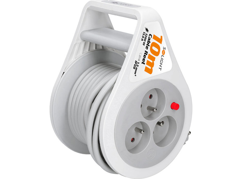 Solight prodlužovací přívod na bubnu 10m, 3 zásuvky, šedý kabel, 3x 1,5mm2