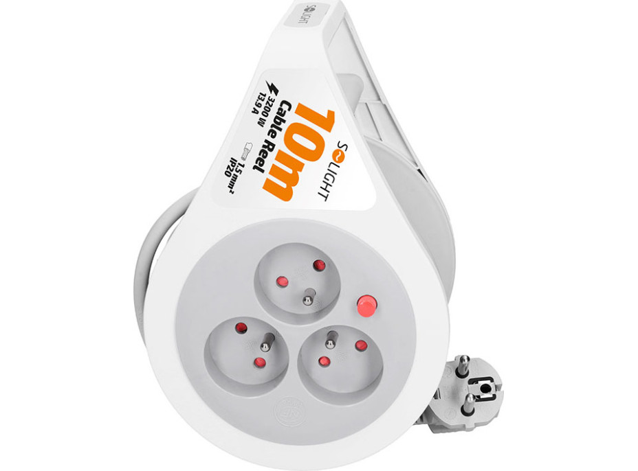Solight prodlužovací přívod na bubnu 10m, 3 zásuvky, šedý kabel, 3x 1,5mm2