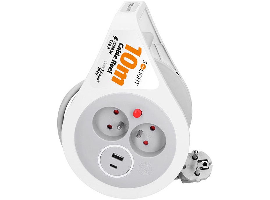 Solight prodlužovací přívod na bubnu 10m, USB A+C, 2 zásuvky, šedý kabel, 3x 1,0mm2