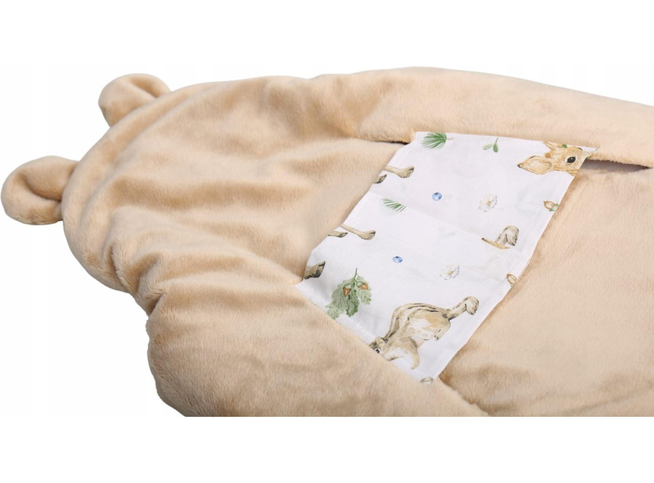Plyšová zavinovačka s kapucí BABYMAM do autosedačky - Lesní zvířátka/béžová