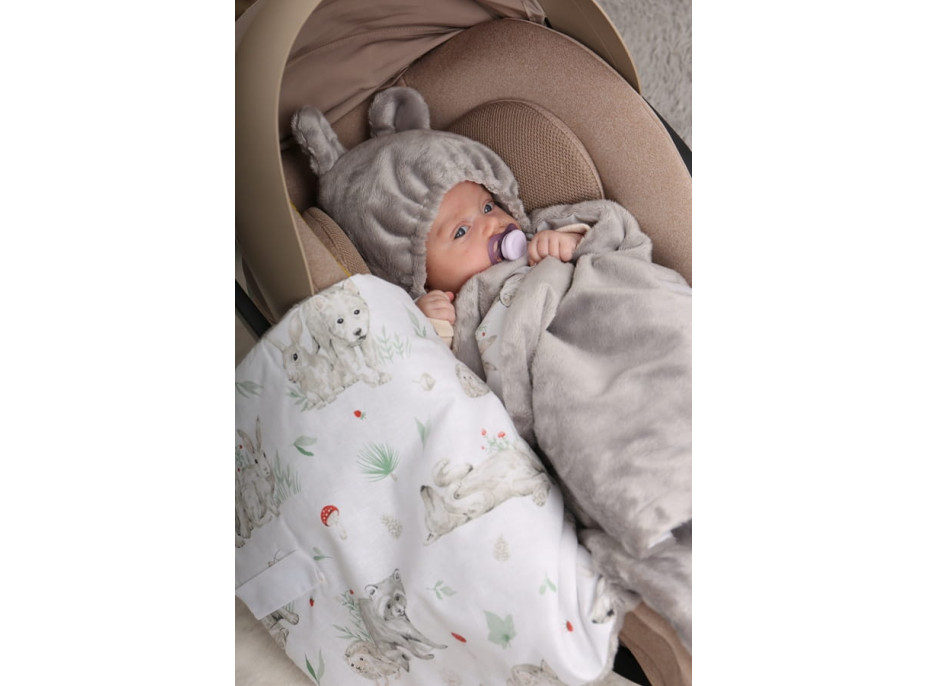 Plyšová zavinovačka s kapucí BABYMAM do autosedačky - Můj les/šedá