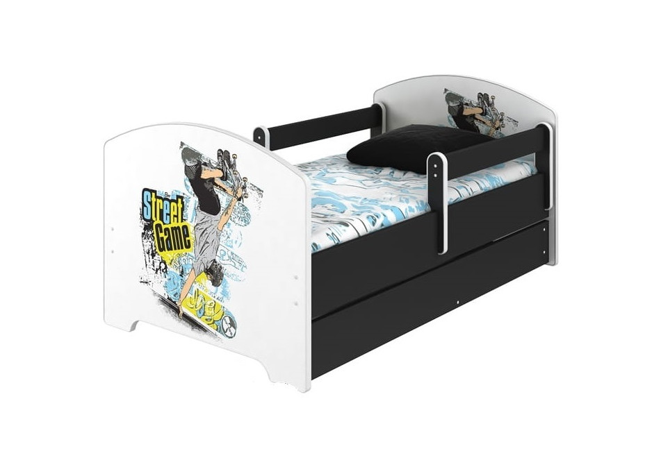 Dětská postel OSKAR - skate 140x70 cm, se šuplíkem + 2x krátká zábrana
