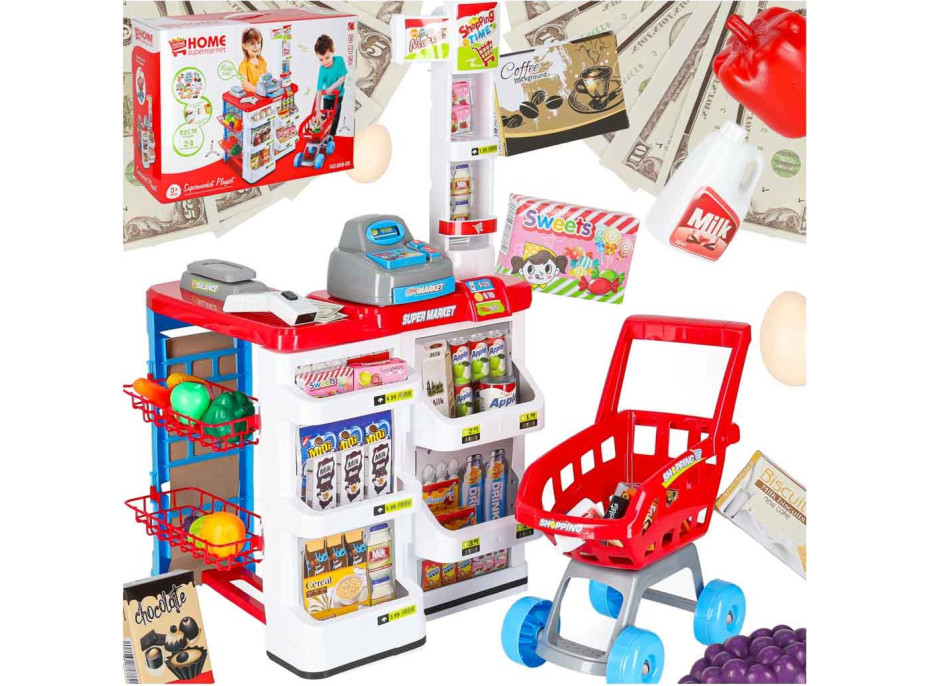 Pokladna v supermarketu s vozíkem - bílá/červená