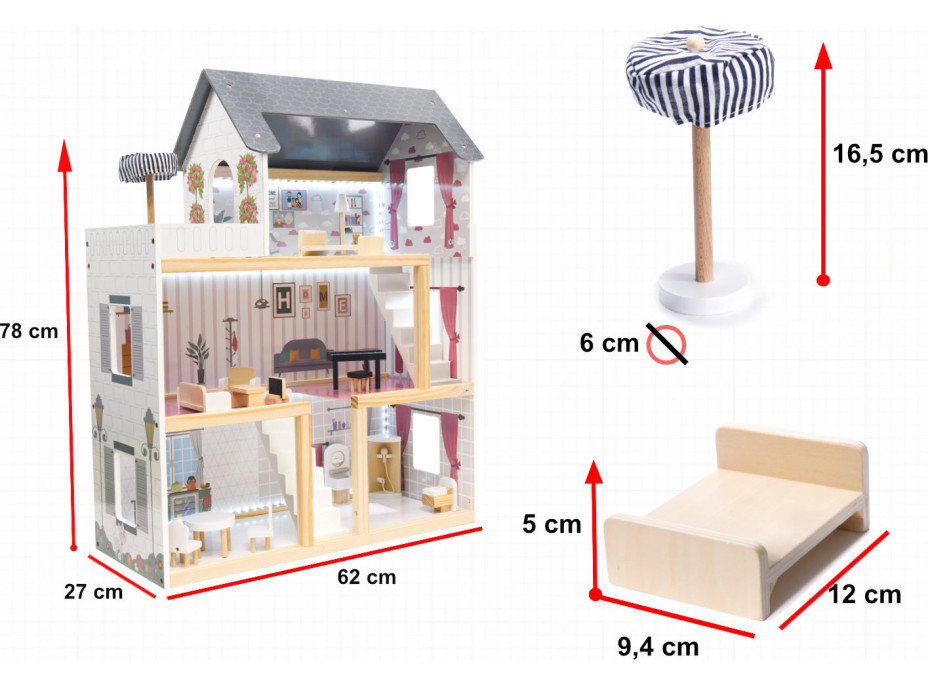 MDF dřevěný domeček pro panenky + nábytek 78cm černý LED