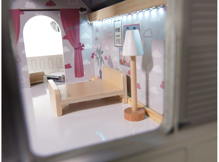 MDF dřevěný domeček pro panenky + nábytek 78cm černý LED