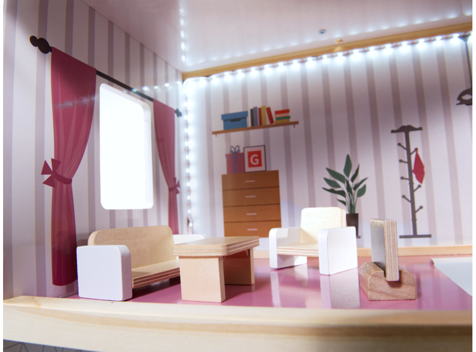MDF dřevěný domeček pro panenky + nábytek 78cm černý LED