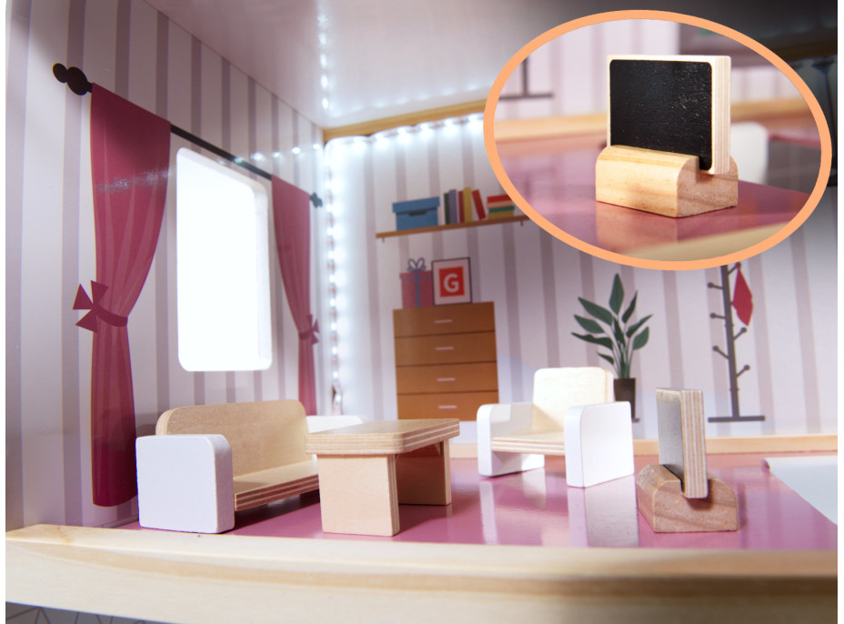MDF dřevěný domeček pro panenky + nábytek 78cm černý LED