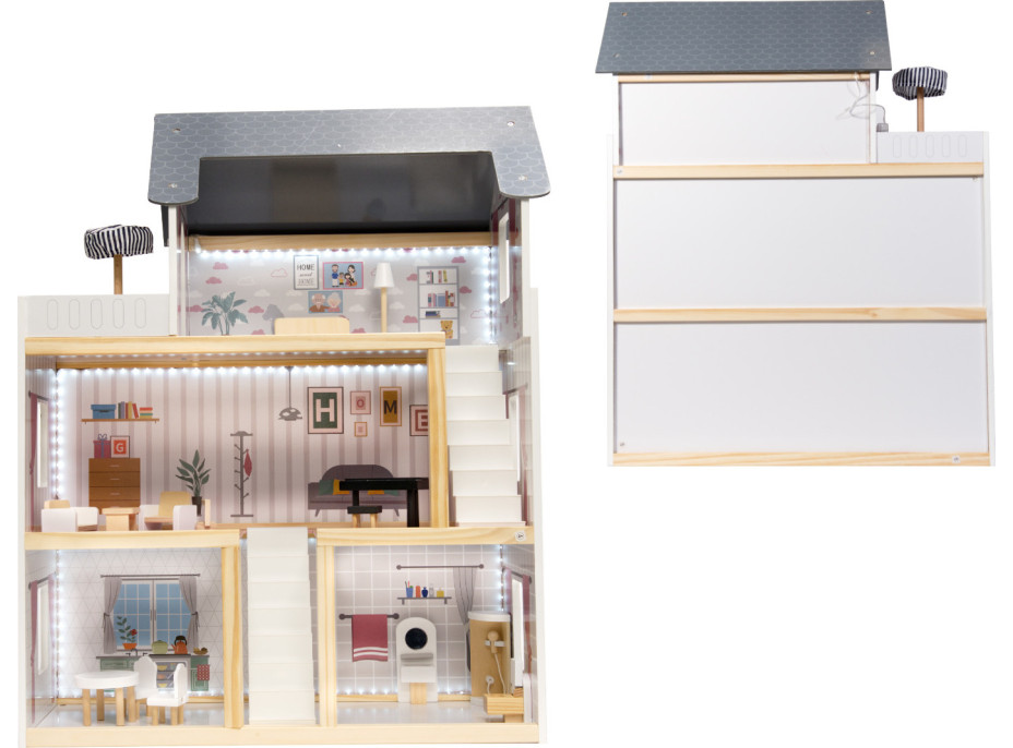 MDF dřevěný domeček pro panenky + nábytek 78cm černý LED