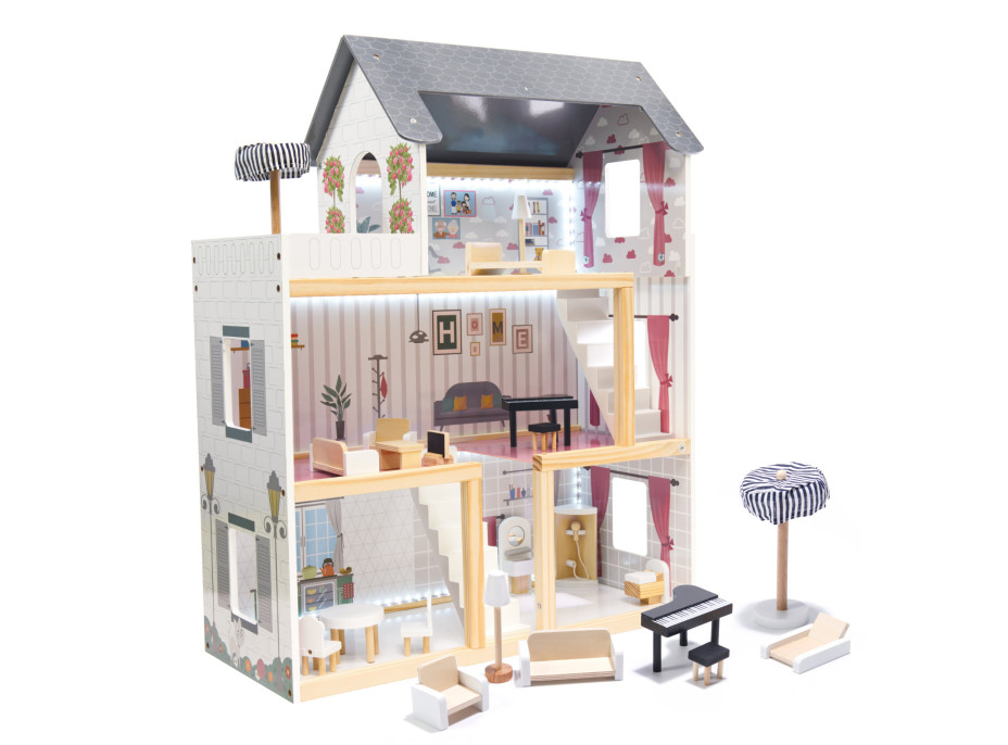 MDF dřevěný domeček pro panenky + nábytek 78cm černý LED