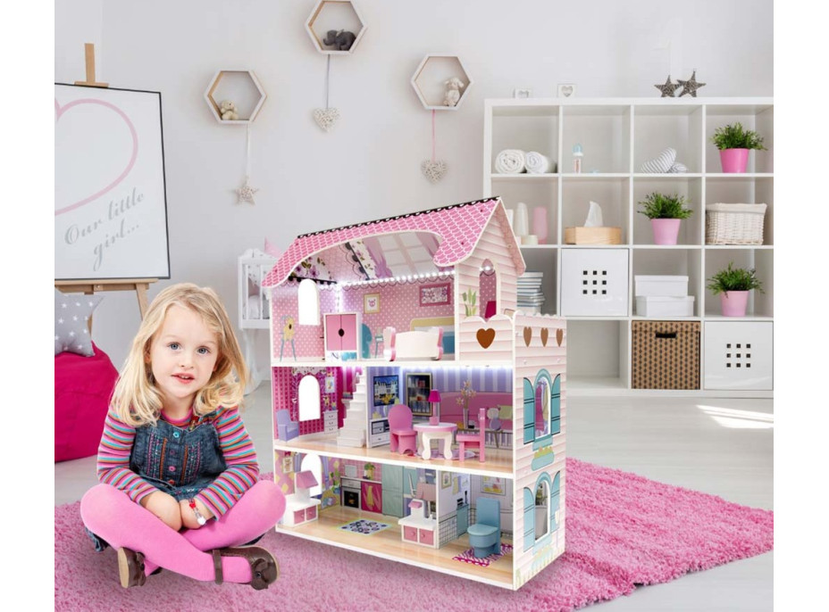 MDF dřevěný domeček pro panenky + nábytek 70cm růžový LED
