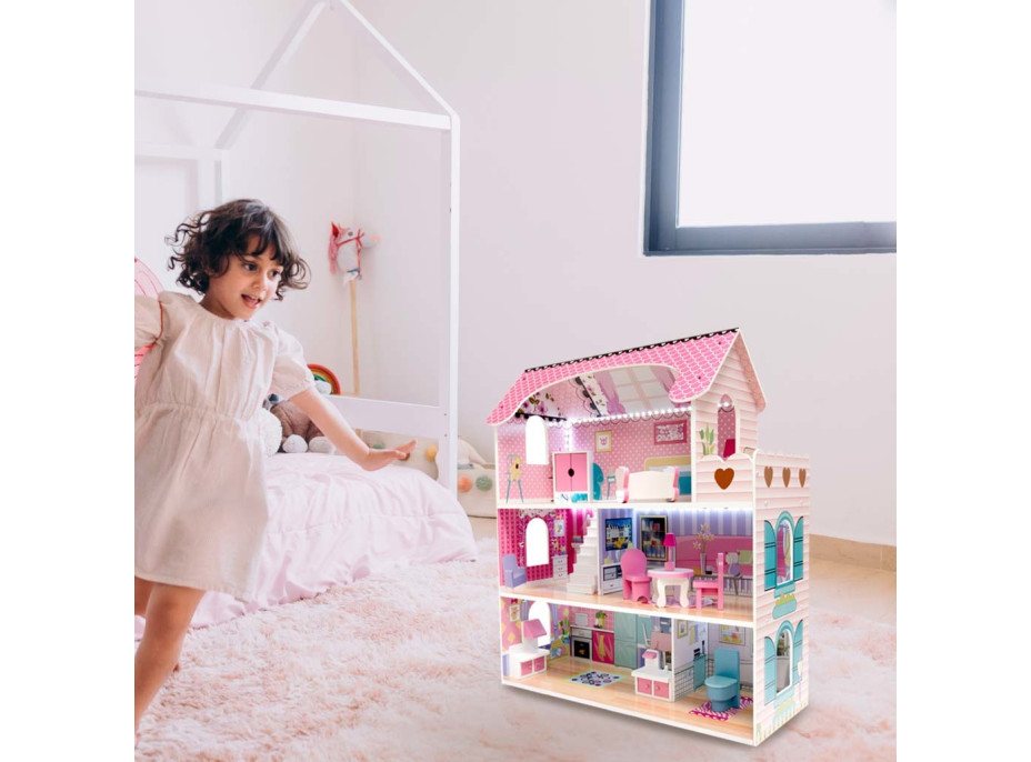 MDF dřevěný domeček pro panenky + nábytek 70cm růžový LED