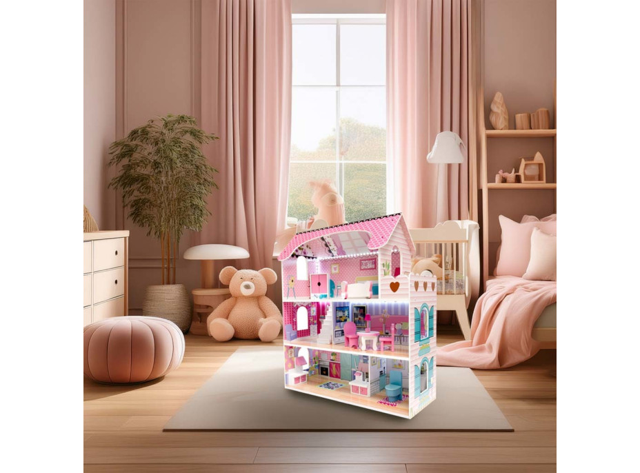 MDF dřevěný domeček pro panenky + nábytek 70cm růžový LED