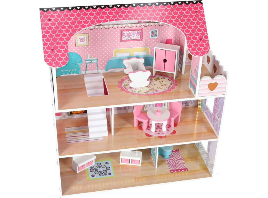 MDF dřevěný domeček pro panenky + nábytek 70cm růžový LED